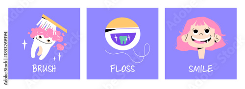 Set of bright dental care posters with cute tooth, floss container, and smiling girl. Fun hygiene design with “Brush”, “Floss”, “Smile” text for dentistry, kids care, education, and clinics