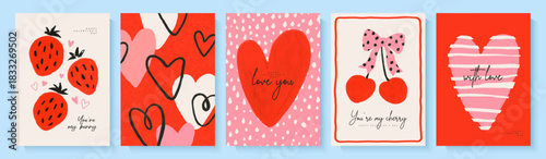 Сollection of colorful Valentine's Day cards with hand-drawn strawberries, hearts and cherries. Trendy style with brush strokes. Set of vector illustrations for romantic gift wrapping or cover design.