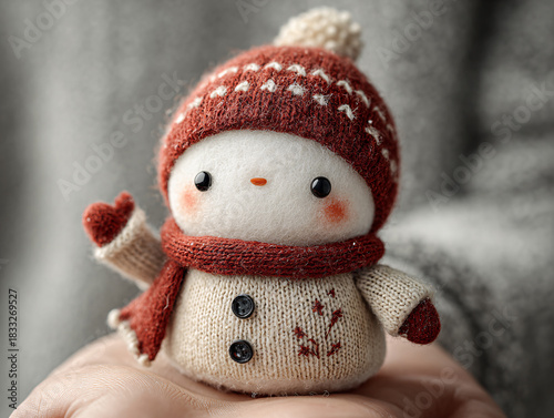 a small, knitted snowman toy held in someone's hand. The snowman is wearing a red and white striped hat, a red scarf, and red mittens. It has a carrot nose and is holding a small bundle of branches.