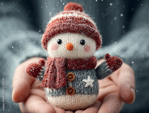 a small, knitted snowman toy held in someone's hand. The snowman is wearing a red and white striped hat, a red scarf, and red mittens. It has a carrot nose and is holding a small bundle of branches.