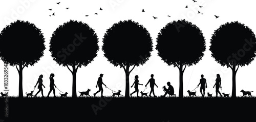 Park scene, dog walking, tree silhouette, people outdoors, nature illustration, birds flying, peaceful moment, black vector, community activity, pet lovers