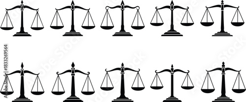 Black scales of justice icons, set of ten graphic vector illustrations symbolizing law, balance, equality, ethics, legal system, truth, judgment, and judicial principles on white background.