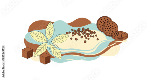 A delightful illustration showcasing a mocha-flavored dessert with chocolate cookies, sugar cubes, and coffee beans, creating a sweet and inviting scene.