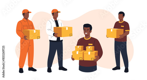 Diverse delivery team carrying cardboard boxes, representing logistics, shipping, and package delivery services for e-commerce and retail businesses.