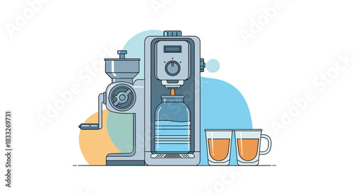 Modern espresso machine with grinder and two cups of coffee, a stylish illustration for cafe or home brewing concepts, showcasing a fresh and inviting coffee experience.