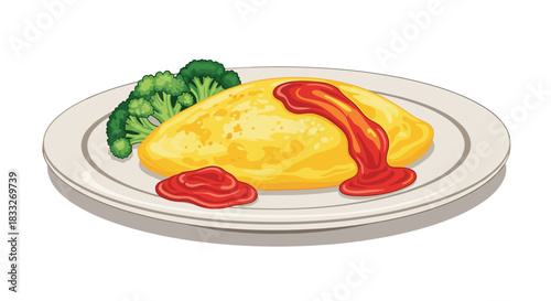A vibrant illustration of a classic Japanese omurice dish featuring a fluffy egg omelet draped in rich tomato ketchup and served with a side of steamed broccoli.