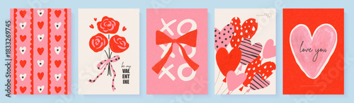 Modern collection of vibrant Valentine's Day cards featuring hand-drawn hearts, bows, balloons, and roses. Trendy brushstroke style. Set of vector illustrations for romantic gift wrapping or cover