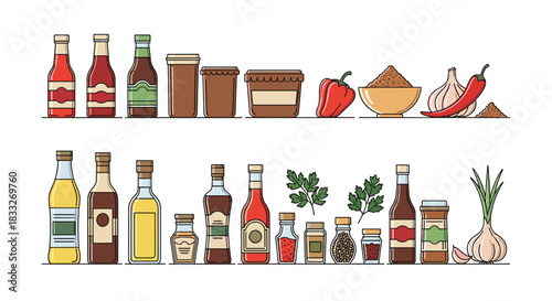 Colorful assortment of spices, sauces, and fresh ingredients arranged on shelves, representing culinary variety and kitchen staples.