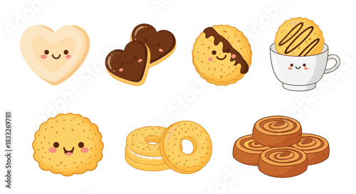 Adorable collection of cute cartoon cookies and biscuits with smiling faces, perfect for baking, dessert, and sweet treat illustrations.
