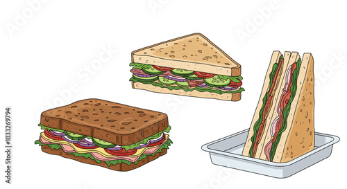 A colorful assortment of freshly made sandwiches with various fillings, including vegetables and meats, presented on a white background.