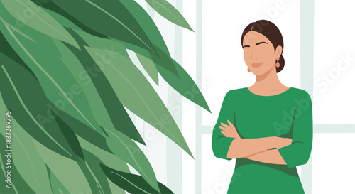 Confident woman in green attire stands with arms crossed near a lush indoor plant, conveying a sense of calm and well-being.