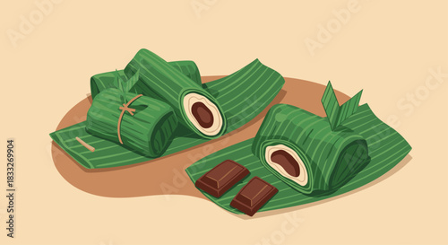 Traditional Indonesian kue lapis wrapped in banana leaves, a sweet treat with a rich chocolate filling, presented on green leaf mats.
