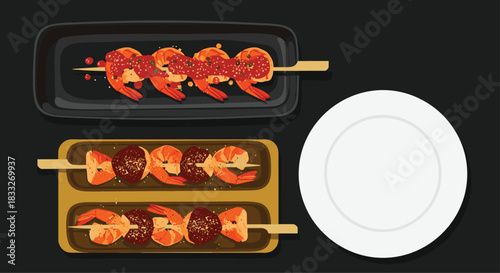 Overhead view of shrimp and tomato skewers presented on serving dishes and a blank white plate, ready for a delicious meal.
