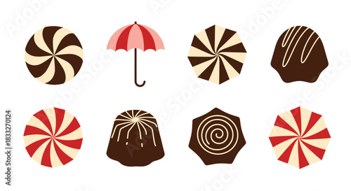 A collection of stylized, colorful sweets and a pink umbrella arranged in a grid pattern, showcasing a playful and whimsical design aesthetic.