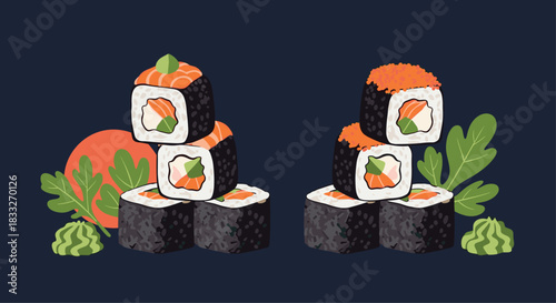 A vibrant illustration showcases two stacks of sushi rolls, featuring salmon and tobiko toppings, alongside fresh green leaves and a stylized sun, creating a delightful and appetizing scene.