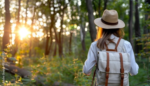 Young woman hiking on a forest trail embracing nature and an active, healthy lifestyle adventure