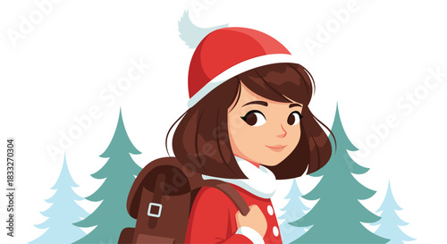 A cheerful young woman wearing a red Santa hat and carrying a brown backpack looks over her shoulder with a warm smile, set against a wintery backdrop.