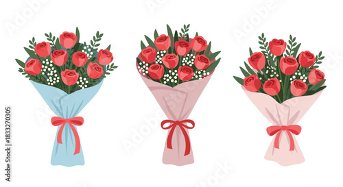 Charming bouquets of red roses with white filler flowers, elegantly wrapped in pastel paper and tied with red ribbons, perfect for gifting or decoration.