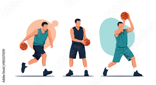 Dynamic illustration of three basketball players in action poses, showcasing dribbling, holding, and shooting the ball, perfect for sports and fitness themes.