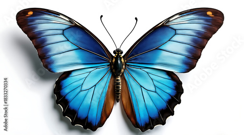 Blue butterfly with detailed wings spread wide on white background, showcasing vibrant colors and delicate patterns in realistic photograph