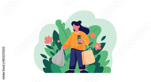 A young woman carries reusable shopping bags and a water bottle, demonstrating eco-friendly habits and a commitment to sustainable living in nature.