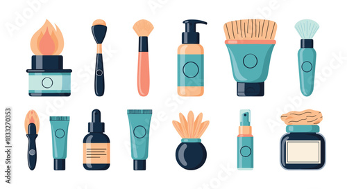 Colorful collection of cosmetic products and makeup brushes arranged in a flat lay style, showcasing beauty essentials for skincare and makeup routines.