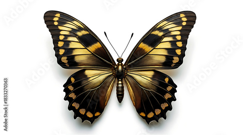 Realistic photograph of full body butterfly with yellow and black wings isolated on white background showing detailed wing patterns and antennae