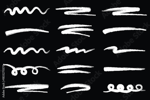 Abstract black marker and brush strokes set, hand drawn underline and scribble texture elements, grunge graffiti art lines and curves for modern graphic design on transparent background