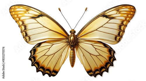 Golden butterfly with detailed wings spread wide, showcasing delicate patterns and shiny metallic appearance in realistic style