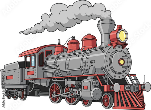 Cartoon steam locomotive with red domes and smoke, vintage train engine design, historical transportation concept, flat vector illustration