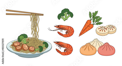 A colorful assortment of asian cuisine including noodles, shrimp, dumplings, broccoli, and carrots, presented in a vibrant illustration style.