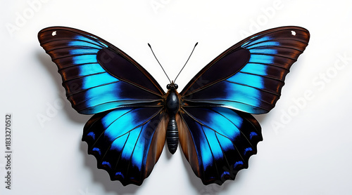 Blue butterfly with black and brown wings spread open on white background, showing vibrant colors and delicate patterns