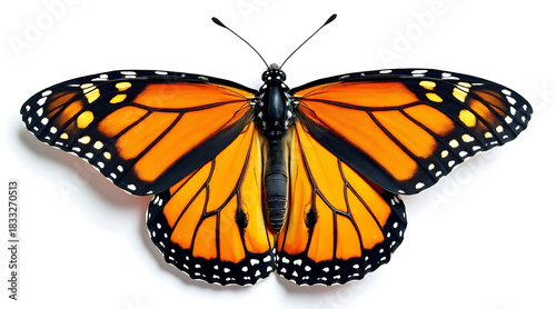 Monarch butterfly with vibrant orange and black wings spread wide, resting on white background showing detailed wing patterns and antennae