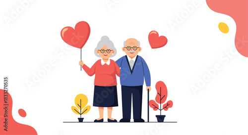 A loving elderly couple stands closely together, holding a heart-shaped balloon and cane, radiating warmth and affection in a cheerful illustration.
