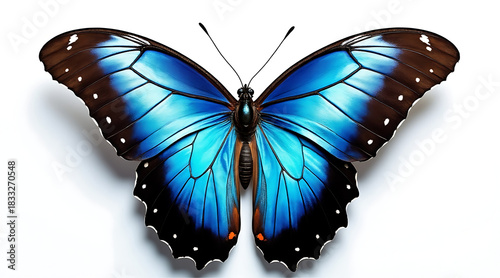Blue butterfly with black and white spots on wings, close up detailed photograph showing vibrant colors and delicate wing structure