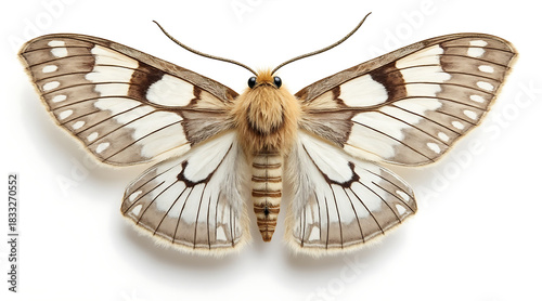Realistic photograph of moth with fine soft texture and detailed brown and white patterned wings spread wide on white background