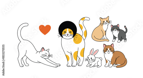 A charming illustration depicts a collection of adorable cats and a bunny rabbit, showcasing a heartwarming scene of animal companionship and playful interaction.