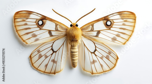 Realistic photograph of moth with fine soft texture and delicate brown and white patterned wings spread on white background