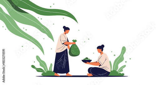 Two women exchanging fresh produce in a lush, natural setting, representing community, sustainability, and healthy living practices.