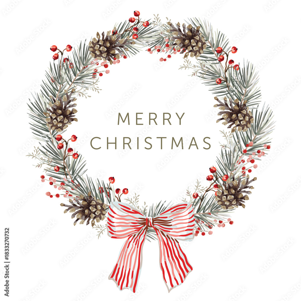 Obraz premium Christmas wreath with text, white background. Pine cones, twigs, red berries, striped bow. Vector illustration. Nature design. Greeting card, poster, banner template. New Year holidays