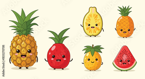 Adorable cartoon fruits with cute faces and tiny arms are arranged in a cheerful composition, perfect for summer themes and healthy eating illustrations.
