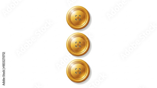 Three shiny golden buttons with four holes arranged vertically on a clean white background casting subtle shadows perfect for design projects