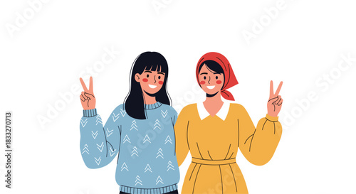 Two cheerful young women are making peace signs with their hands, showcasing friendship and positivity in a modern, illustrative style.