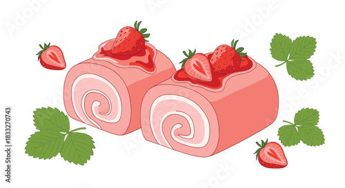 Two strawberry swiss rolls with fresh strawberries and green leaves are displayed on a white background, offering a delightful dessert presentation.