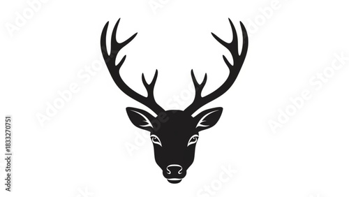 A striking black silhouette of a majestic deer head with large branching antlers against a clean white background symbolizing nature and wildlife