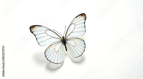 White butterfly with transparent wings and dark edges flying on white background, delicate insect with soft shadow and natural beauty