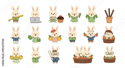 Charming collection of adorable bunny illustrations depicting various professions and hobbies, including baking, gardening, and office work, in a whimsical style.