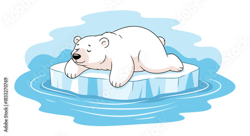 A serene polar bear peacefully rests on a small ice floe surrounded by cool blue water, illustrating arctic wildlife and the effects of climate change.