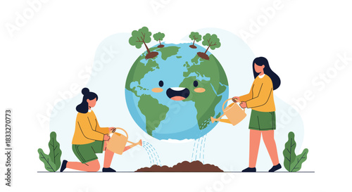 Two young women are watering a globe with small trees growing on top, symbolizing environmental care and sustainability efforts for a healthy planet.