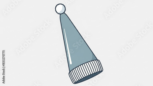 A simple cartoon illustration of a light blue pointed hat with a white pom pom on top and a striped brim isolated on a white background